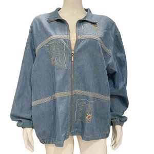 Vintage 90s Chambray Denim Jacket Shacket Blue Embroidered Cotton Teddi XL Zip